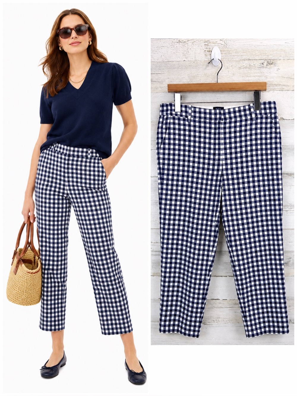 J. Crew Navy Gingham Linen Blend Pants Cropped Ankle Preppy Coastal 8